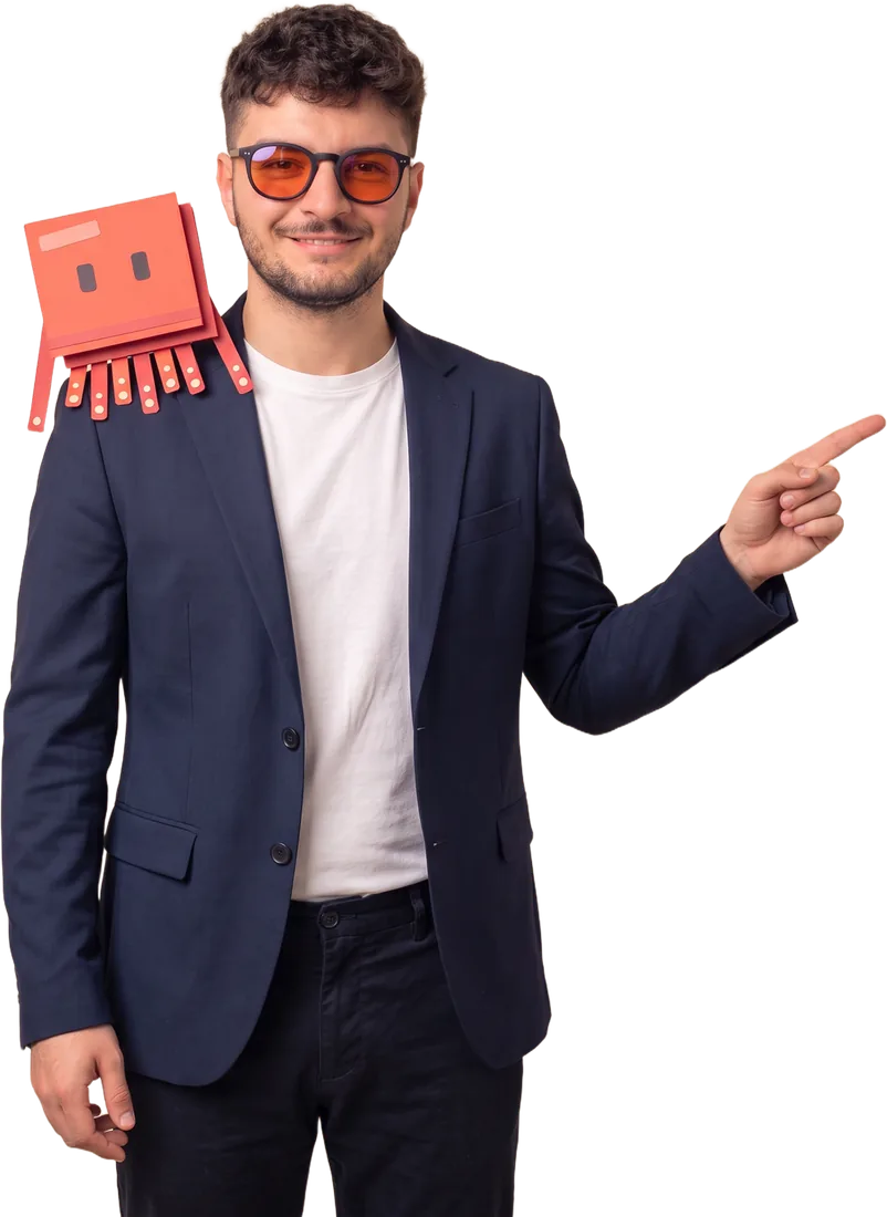 Mattia Calastri con il Polpo di carta, indica il titolo