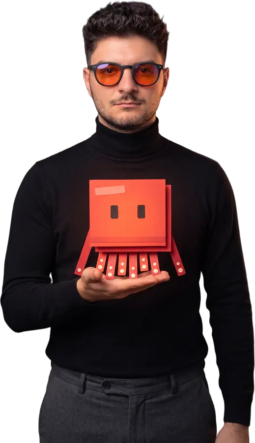 Mattia Calastri con il Polpo di carta sul palmo